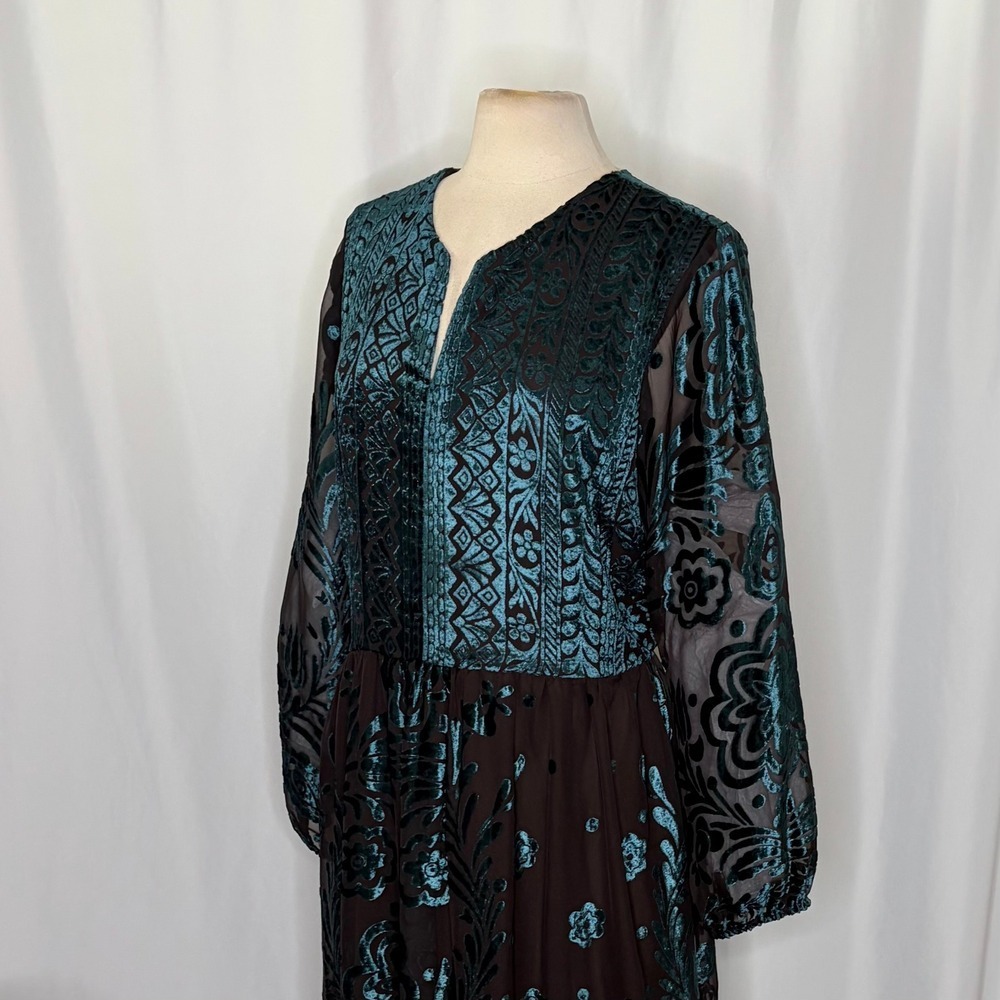 SOFT SURROUNDINGS Floral Velvet Dimora Maxi Dress Teal Brown Burnout X-Large - Picture 6 of 11